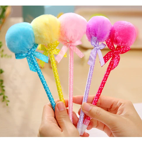 

50pcs/lot kawaii mixed candy color fluffy ball creative ballpoint pen for school and office supplies pens kids stationery bulk