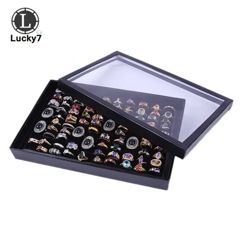 100 Slot Black Velvet Sponge Ring Display Box Cardboard Jewelry Storage Case Holder Showcase Ring Cufflink Jewelry Tray With Lid