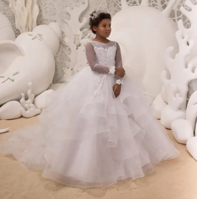 

Princess 2018 white Lace Dress Flower Girls Dresses for Wedding Long Sleeve Ball Gown Girls First Communion Gown Birthday Dress