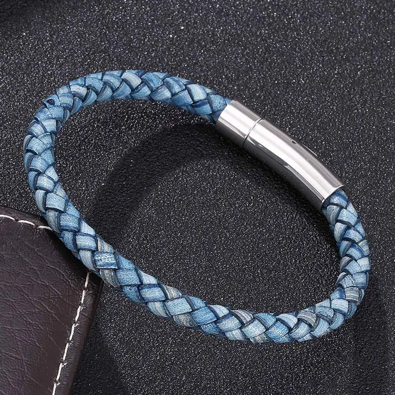 Модный мужской синий браслет из натуральной кожи, простая кнопка из нержавеющей стали, нейтральные аксессуары, ручная работа, ювелирные изделия, подарки PD0240