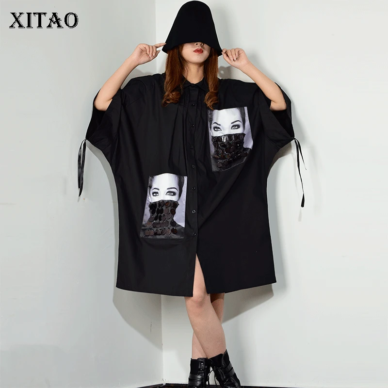 

[XITAO] Sequined Print Pattern Plus Size Dress Women Turn-down Collar Patchwork Single Breasted Women Clothes 2019 New XJ1509