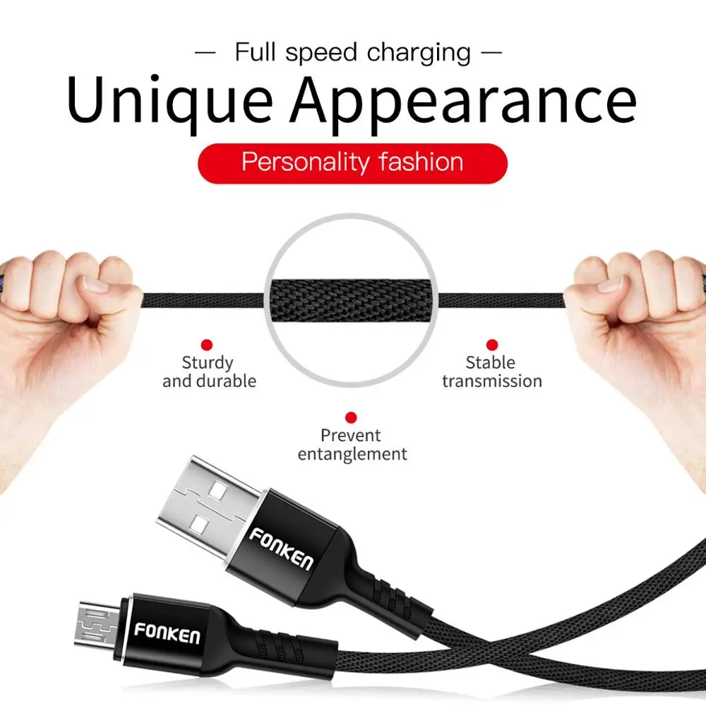 FONKEN المصغّر USB كابل 3A سريع تهمة USB كابلات البيانات 1 m 2 m القماش مزين شاحن هاتف محمول يعمل بنظام تشغيل أندرويد شاحن يو اس بي سريعة شحن سلك