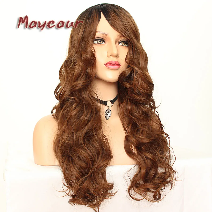 Maycaur Glueless Black Long Wavy Wig with Side Bangs Synthetic Hair Wigs for Women Heat Resistant Fiber Hair Wigs (8)