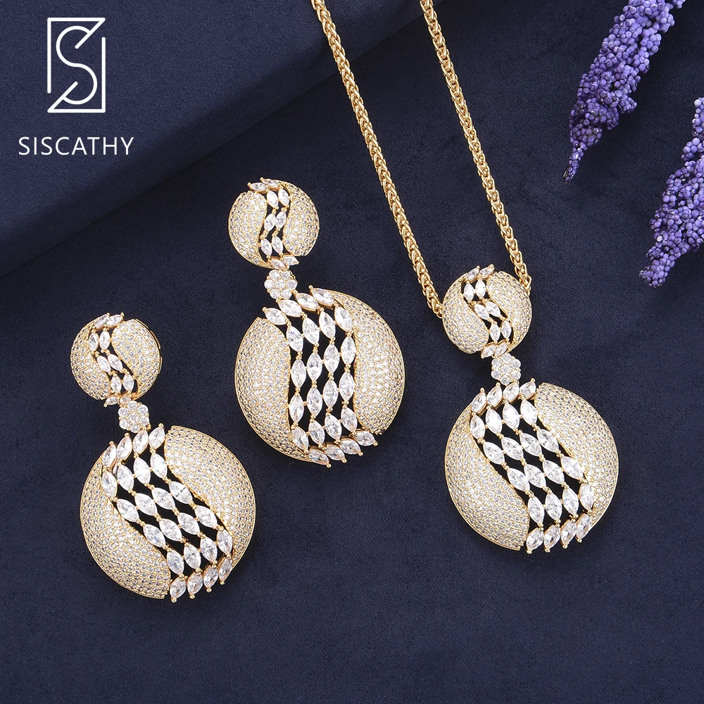 

SisCathy Luxury Geometric Hollow Cubic Zirconia Necklace Earrings Sets nigerian Fashion Jewelry Set for Women Engagement Wedding