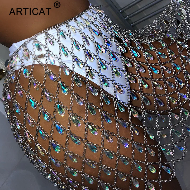 Articat металлическая блестящая кристальная Юбка со стразами Женская высокая талия открытая блестящая облегающая мини-юбка вечерние юбки для ночного клуба