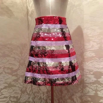 

2019 Summer Sexy Rainbow Striped Sequins Mini Skirt Women Runway Design Short A Line Skirt Party Club Tunic Clothing Female