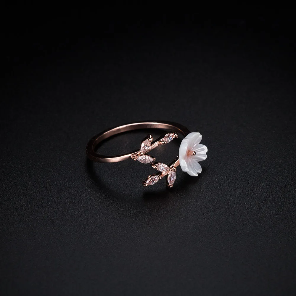 Изящное кольцо с цирконием и кристаллами в виде листьев для женщин и девочек, очаровательное розовое золото, ветви сакуры, ракушка с цветами, Открытое кольцо anillos mujer