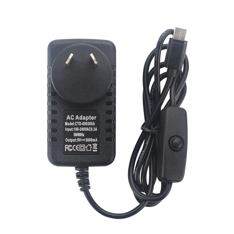 Universal USB Type C Power Adapter with ON/OFF Switch - 5V 3A, Multi-Plug Compatibility