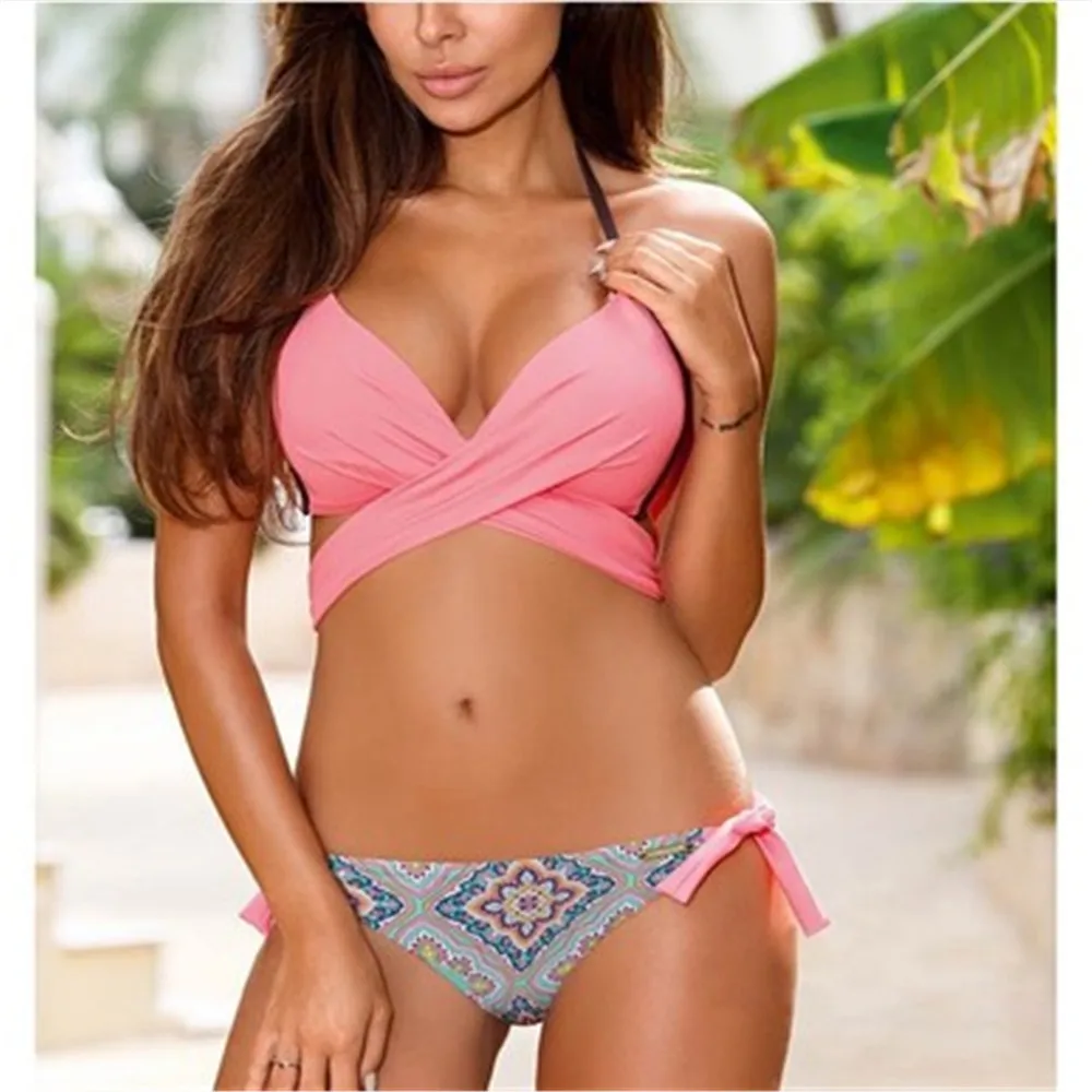 2019 tamanho grande sexy bikini cor s�lida conjunto de biqu�ni peito cruz saco duro impresso swimsuit biqu�ni bandagem XXL