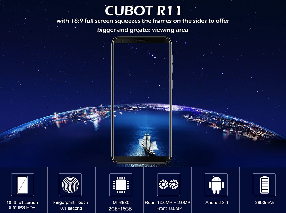 Cubot R11 телефон Dual SIM Android 8,1 5," HD+ Дисплей MT6580 4 ядра 2 ГБ+ 16 Гб пальца ID двойные задние Камера Celular 2800 mAh