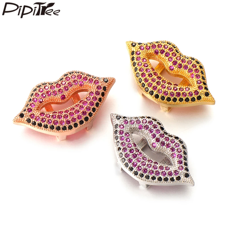 

Pipitree CZ Pink Zircon Sexy Lips Slider Charms fit Mesh Bracelet Silver Gold Rose Gold Color DIY Jewelry Charm Beads Making