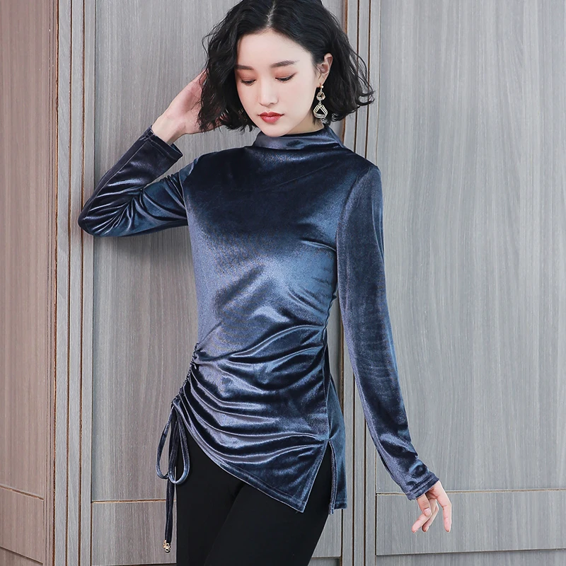 

2018 autumn long sleeve velvet t shirt women tops elegant black turtleneck t-shirts winter basic warm tshirt camisa feminina