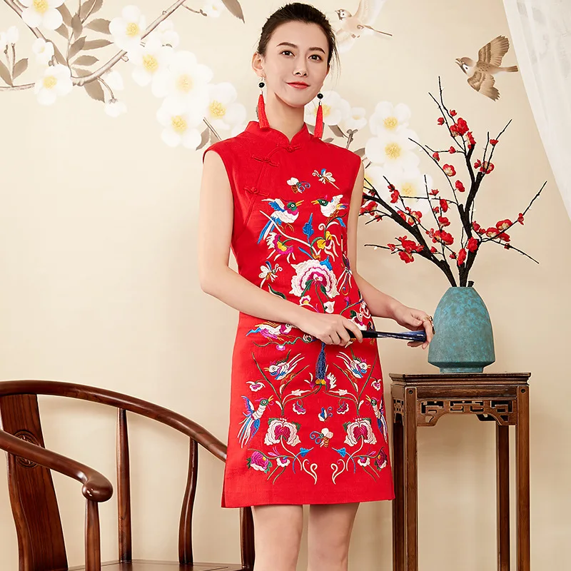 Cotton linen Chinese style sleeveless embroidery cheongsam dress 2018 ...