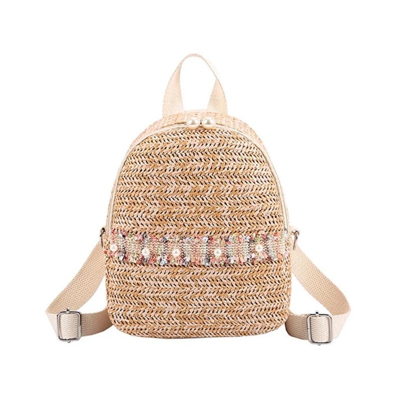 

Straw Backpack Trendy Fashion Anti-Theft Small Backpack Women Fashion Mini Shoulder Bags Female Pearl Coffee Color