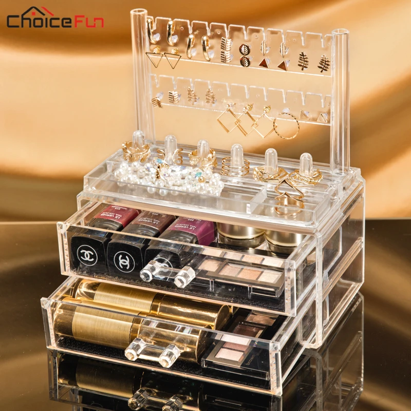 

CHOICE FUN Clear 2 Plastic Drawers Stackable Acrylic Cosmetic Makeup Storage Organizer Ring Necklace Earring Box For Jewelry