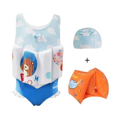 White blue bear Купальный костюм для девочек, плавучий жилет, купальный костюм, детский цельный купальник с рисунком для мальчиков, детский плавательный костюм, комплект - Цвет: White blue bear