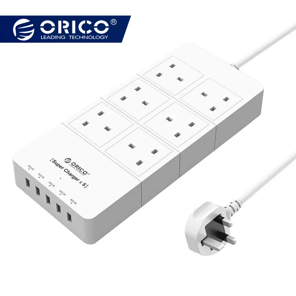 

ORICO HPC-4A5U-UK-WH Home office UK Plug USB Travel Charger Adapter with 6 Outlet Power Strip Surge Protector 5 Feet Power Cord