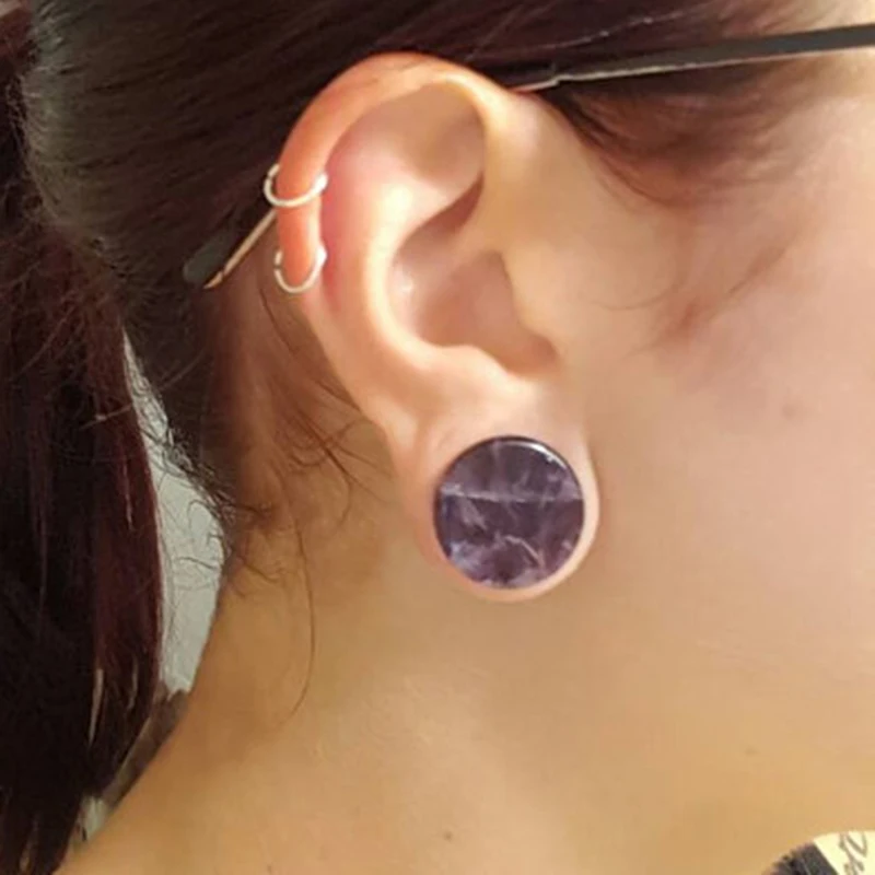 1 Pair Fashion Semi Precious Purple Nature Stone Crack Ear Plug Flesh Tunnel Double Flare Gauges Unisex Body Jewelry 5-25mm