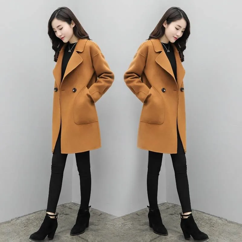 Зимнее свободное Большие размеры, S-3XL женское теплое шерстяное пальто Новое повседневное средней длины однотонное Женское шерстяное пальто с длинным рукавом