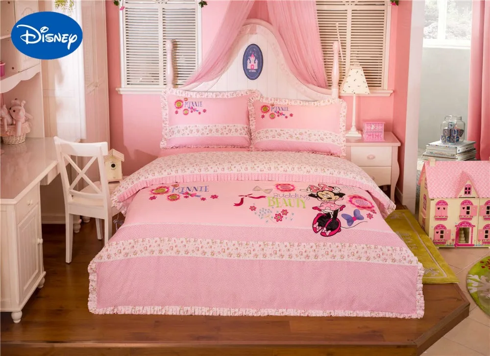 Комплект постельного белья с цветочным рисунком Минни Маус; детское постельное белье для девочек; хлопковое постельное белье с аппликацией из мультфильма Дисней; вышивка; полный размер; розовый цвет
