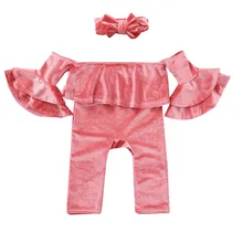 Комплект детской одежды для новорожденных девочек; Однотонный вельветовый комбинезон с открытыми плечами+ повязка на голову