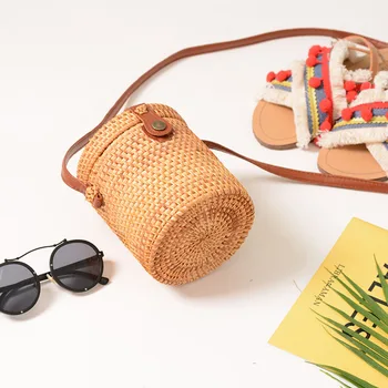 

AUAU-Round Woven Bag,Hand Woven Rattan Bag With Leather Strap Braided Women Crossbody Bag Chic Retro Summer Beach Shoulder Bag