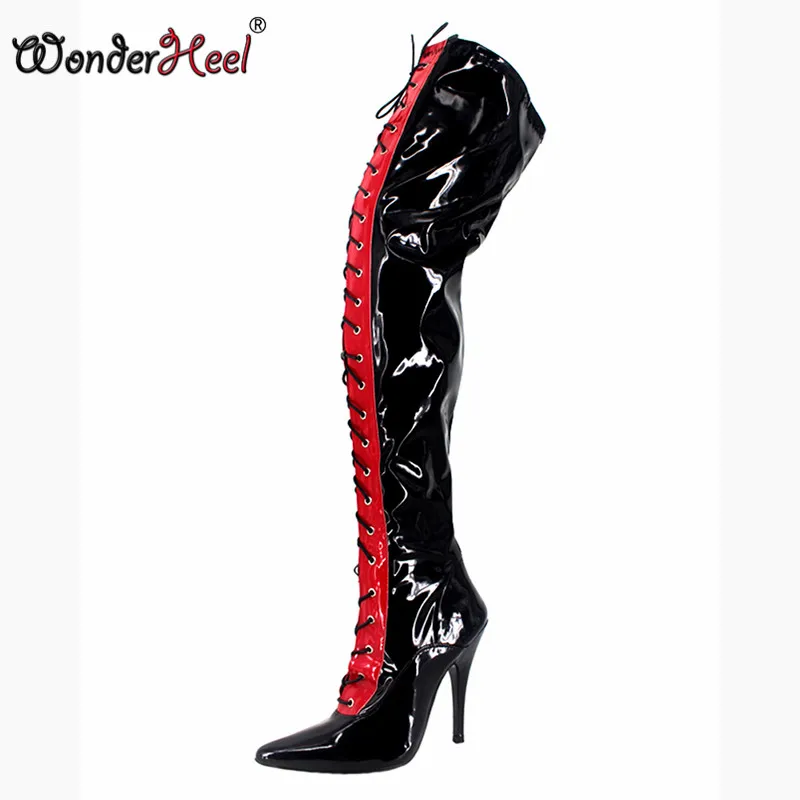 Wonderheel/Dropshipping extreme hi каблук 12 см каблук-стилет женские сапоги до бедра черного цвета на шнуровке полный молнии сапоги новые женские высокие каблуки