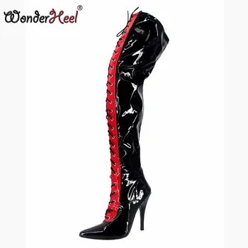 

Wonderheel DROPSHIPPING EXTREME HI HEEL 12CM STILETTO HEEL WOMENS THIGH HIGH BLACK LACE UP FULL ZIP BOOTS NEW LADIES HIGH HEELS