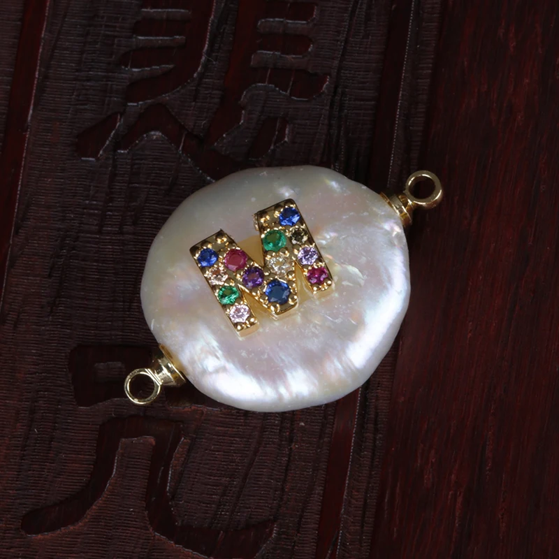 

tiny rainbow CZ initial 26 alphabet letter name charm freshwater pearl connector bead for personalized birthday wedding jewelry