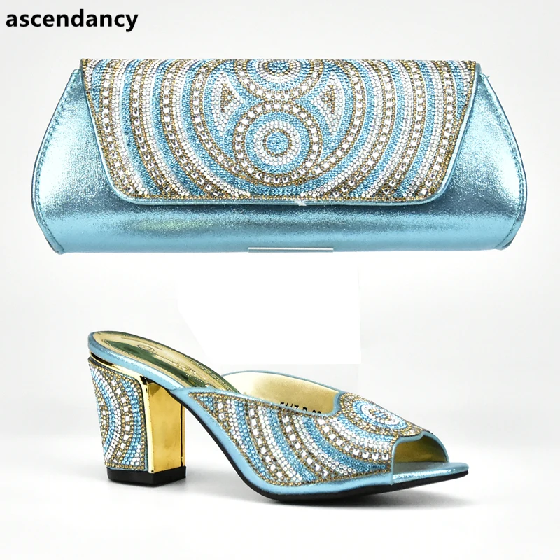 Sky Blue Color Shoes and Bag Set African Sets 2018 with Rhinestones Nigeria Wedding Bags Party | Обувь