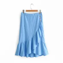 Женская модная Милая Однотонная юбка с оборками и асимметричным подолом faldas mujer, женские льняные юбки с пуговицами, QUN373