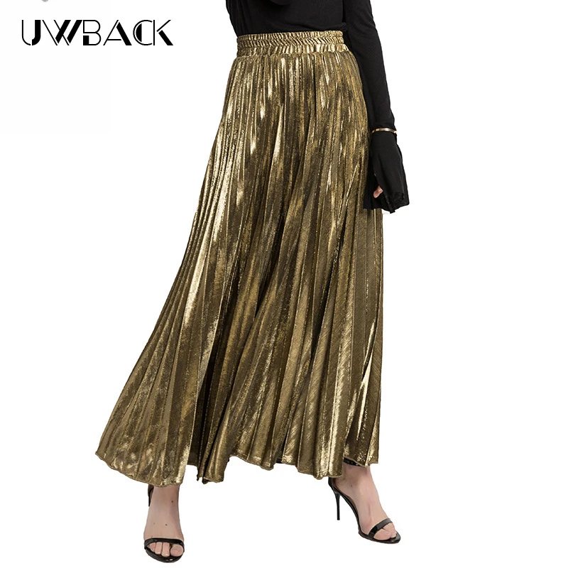 

2019 Spring Autumn Fashion Women's High Waist Pleated Solid Color Long Skirts New Fashion Metallic Skirt Female DB146