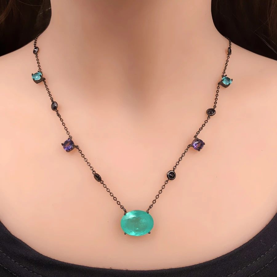 

Unique Green Ellipse Fusion Stone Pendant Necklace For Women High quality Colorful Cubic Zirconia Chain Necklace Fashion Jewelry