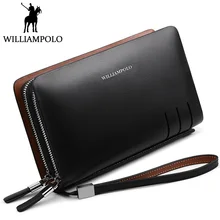 WILLIAMPOLO Fashion Men Clutch Bag Double Zipper Handy Wallet Genuine Leather Day Clutches Zippy Phone Wallet Small Business Bag