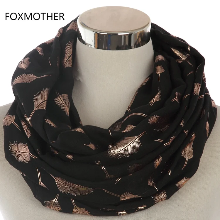Black Gold FOXMOTHER модные женские белые темно-синие желтые бронзовые фольга Серебряное перо кольцо шарфы шейный шарф блестящий платок - Цвет: Black Gold