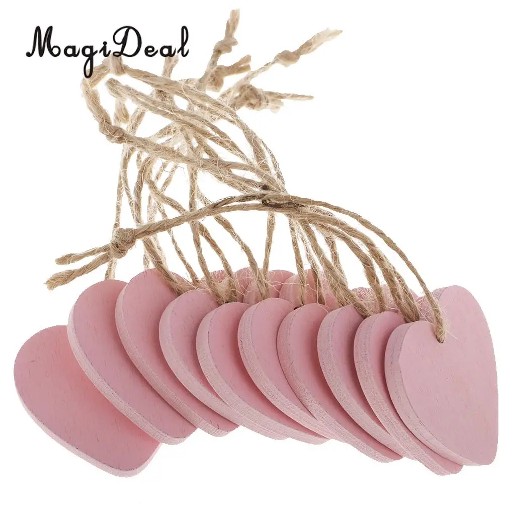 MagiDeal 10 Pieces Painted Wood Heart Tags Hanging Craft DIY Home Decorations pink Wind Chimes Hanging Tags Wedding Decoration