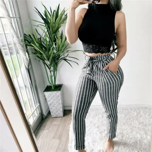 

Women High Waist Paperbag Trousers Ladies Striped Casual Straight Long Pants Hot