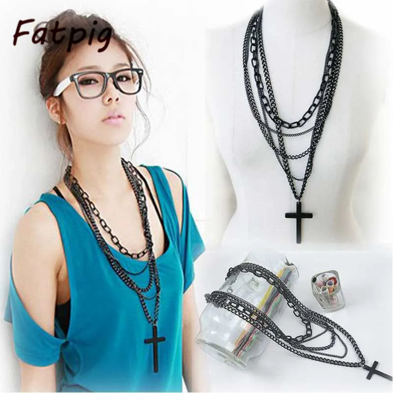

1PCS Woomen Lady Fashion Jewelry Classic Multilayer Long Chain Black Cross Pendant Sweater Necklace
