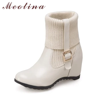 

Meotina Women Mid Calf Boots Increasing Heels Snow Boots Sock Boots Buckle New Design Ladies Shoes White Black Large Size 33-43