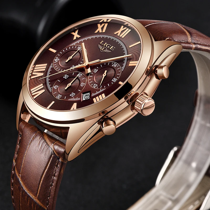LIGE часы для мужчин лучший бренд класса люкс водонепроницаемые 24 часа дата Кварцевые часы коричневые кожаные спортивные наручные часы Relogio Masculino