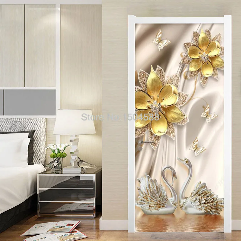 Европейский Стиль двери Стикеры 3D цветов Лебедь роскошные обои Спальня бронзовые цифры на двери гостиничных номеров, домов, квартир наклейки 3D паста ПВХ самоклеящаяся Стикеры s