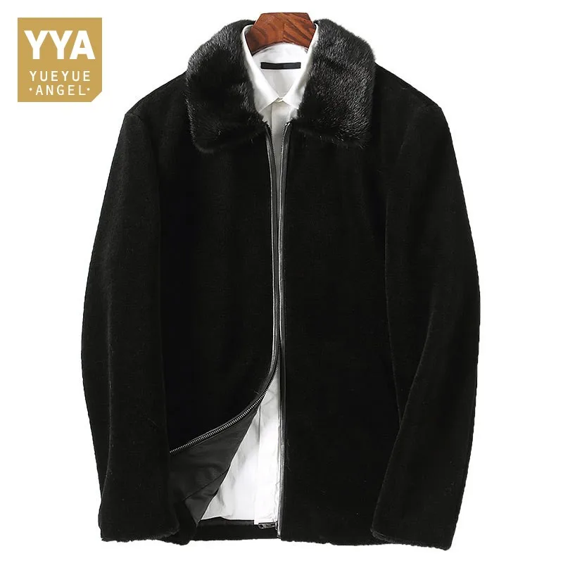 

Mens Real Fur Luxury Winter Thicke Warm Shearling Coat Fat Men High Quality Black Turn-Down Collar Zip Shearling Jacket Man 4XL