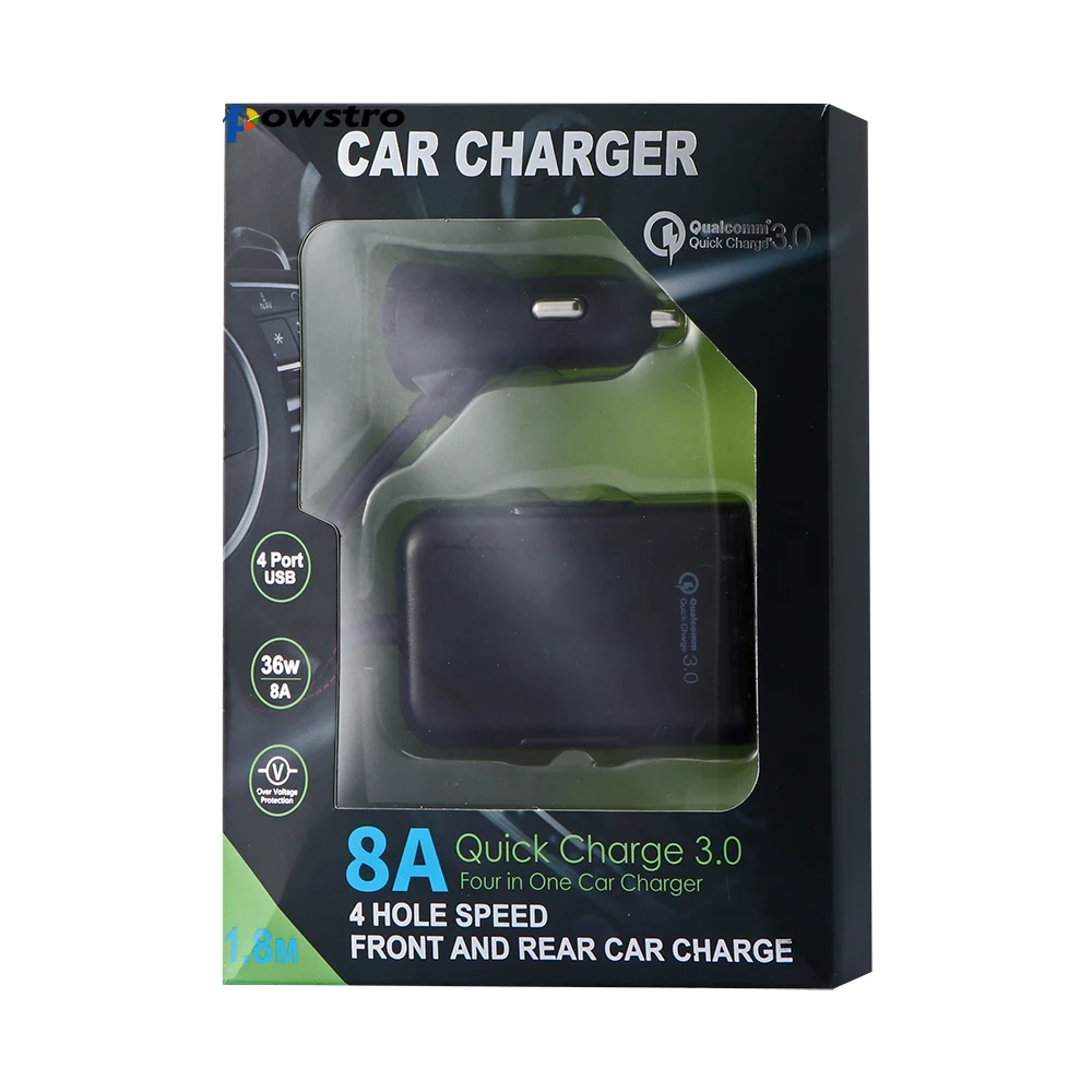 4 Ports QC3.0+2.4A+3.1AUSB Car Charger Universal USB Fast Adapter with 5.6ft Extension Cord Cable for MPV Car Phone