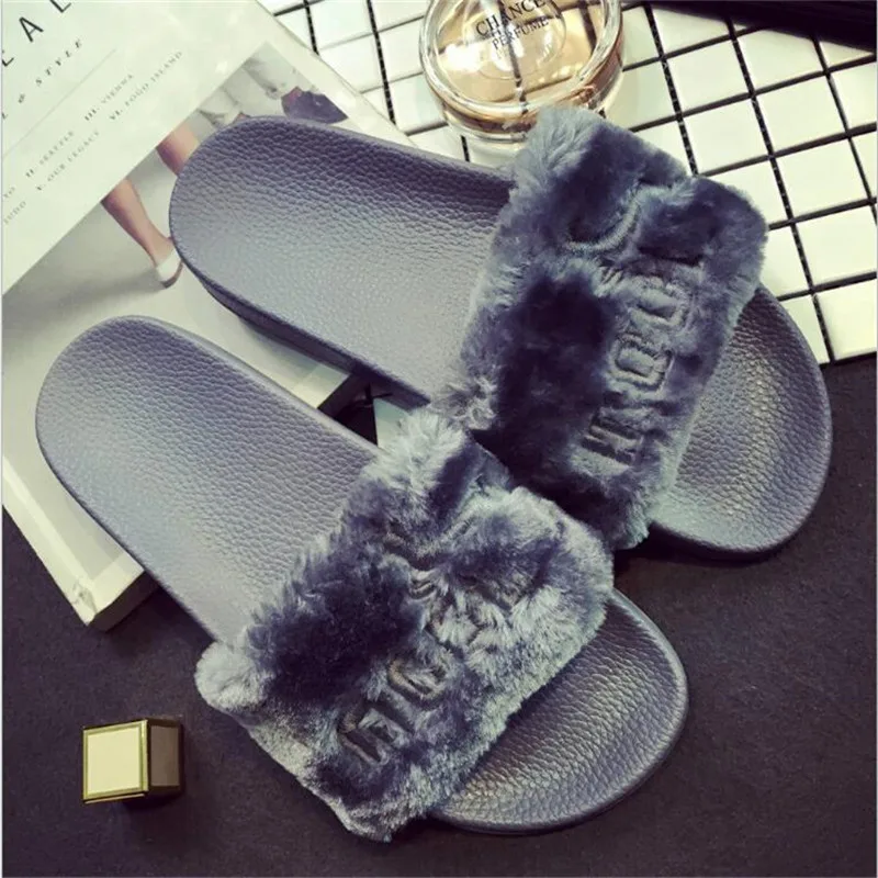 Slippers Women Ladies shoes Slip On Slider Fluffy Faux Fur Flat New Fashion Female Casual 