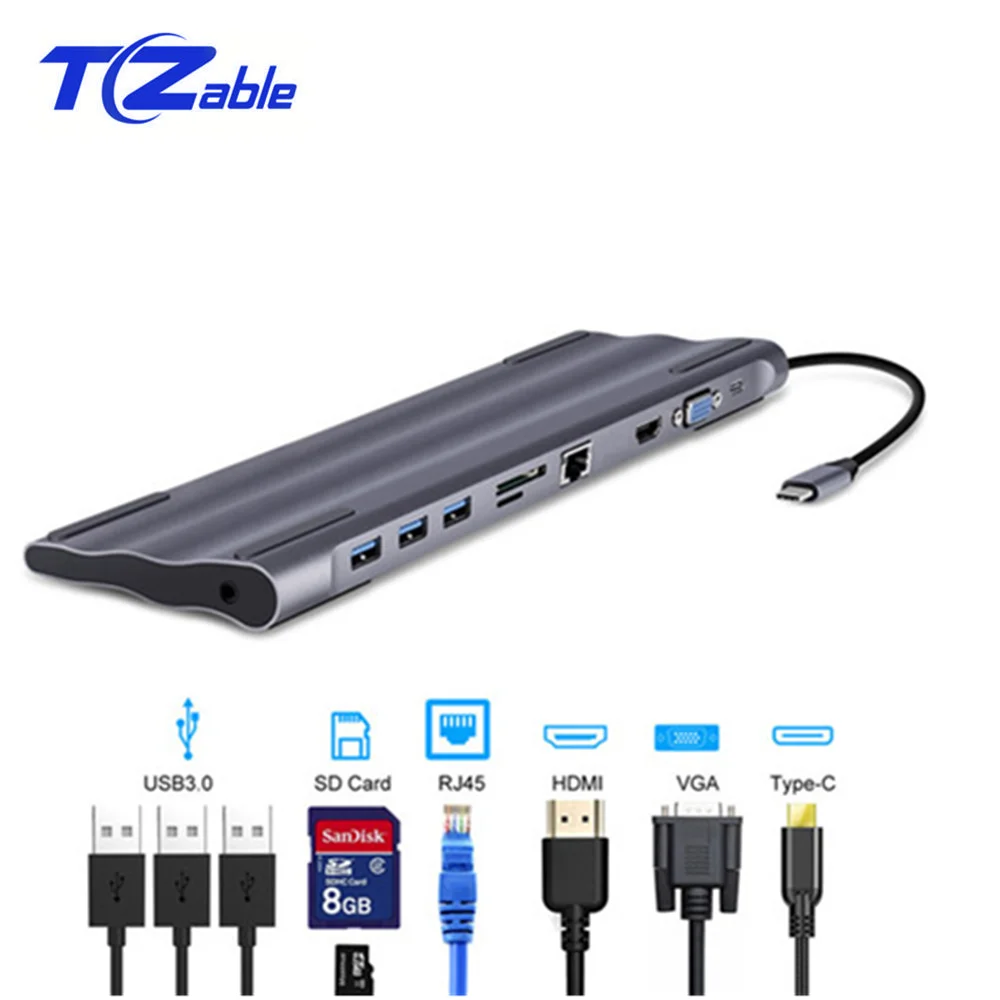 

Type-C 3.1 Multi-Function 10-In-1 For Thunderbolt 3 Type C Adapter USB C To VGA HDMI Rj45 SD USB 3.0 Audio Jack For Macbook Pro