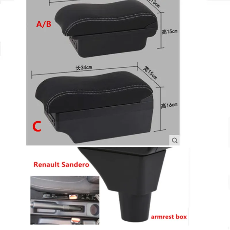 

For Renault Sandero Stepway armrest box central Store content Storage box armrest box USB interface