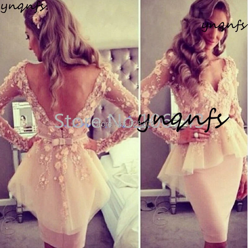 YNQNFS CD62 Vestido de Festa Curto Robe Cocktail Elegant Guest Dress Short Mother Of Bride Dresses Backless Long Sleeve