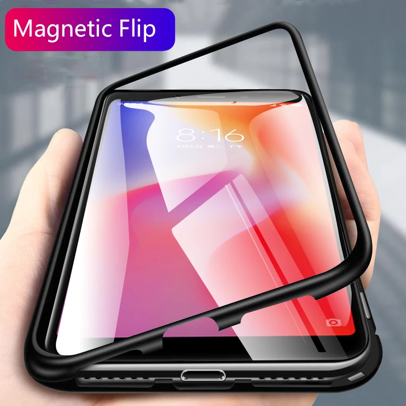 

Magnetic Metal Phone Case On The For Xiaomi Redmi 6 Shockproof Full Cover For Xiaomi Redmi 6A Tempered Glass Back Case Cover