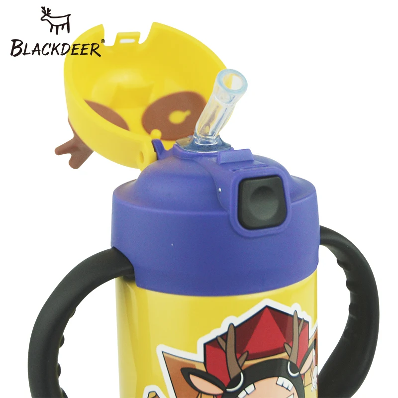 BLACKDEER, детский термос с героями мультфильмов, чашка с силикагелем, соломинкой, портативная детская Вакуумная бутылка для воды, 316 нержавеющая сталь