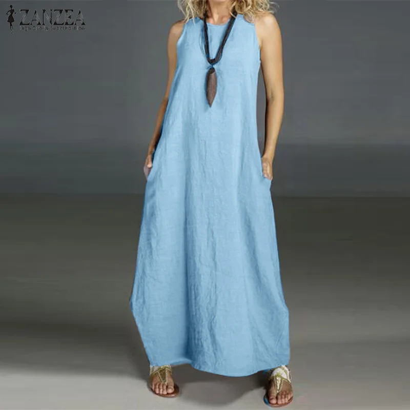 ZANZEA Повседневное платье макси Vestidos женский льняной сарафан винтажное платье без рукавов с круглым вырезом женское платье размера плюс летнее платье